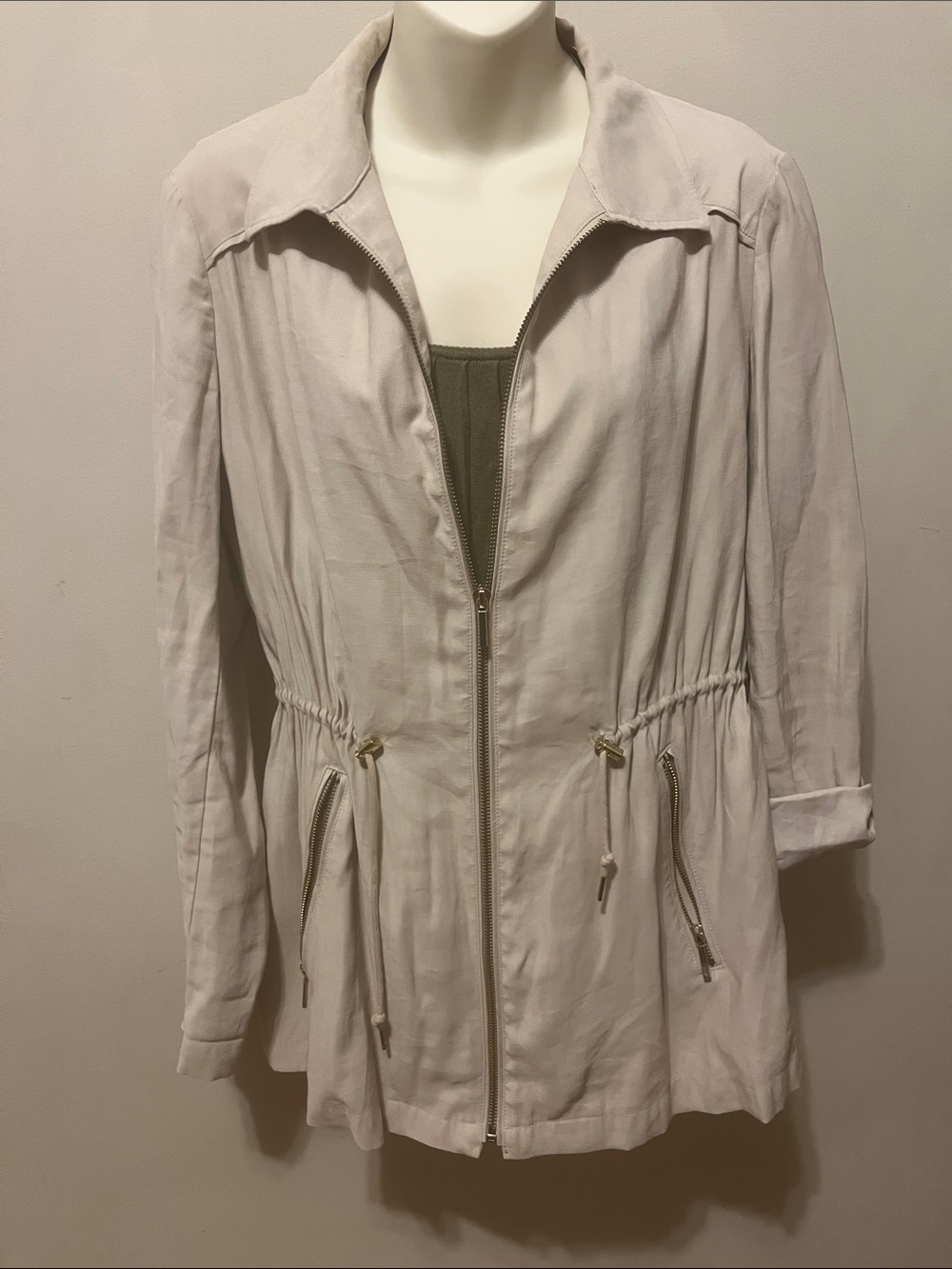 Zara Light Beige Zip-Front Drawstring Utility Rollable Sleeves Jacket